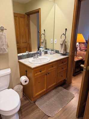 A bathroom with a white toilet, wooden vanity, a mirror, and a beige rug. - In the heart of Avon -walk to restaurants & gondola!  Immaculate 2bed/2bath (Avon)