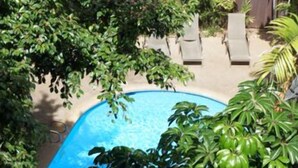 Une piscine entourée d’une végétation luxuriante et agrémentée de quelques chaises longues.