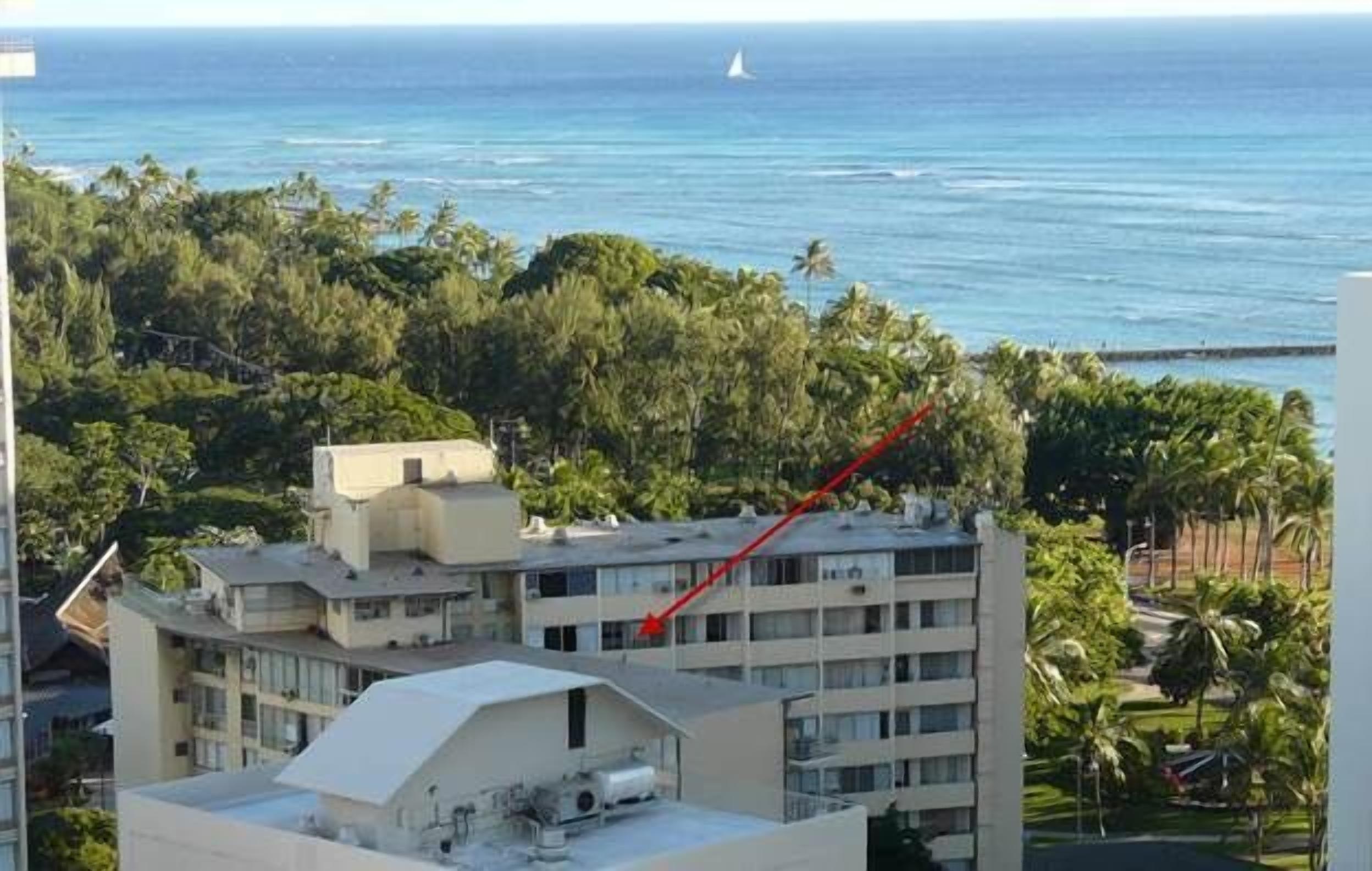 Un edificio de varios pisos con vista al océano y palmeras.