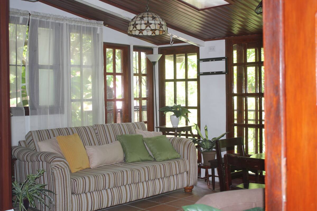 Una sala acogedora con un sofá a rayas, una mesa de comedor y una planta en maceta.