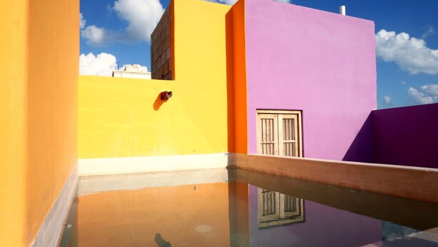 Una azotea con una piscina reflectante, un edificio amarillo y un edificio morado con una ventana.