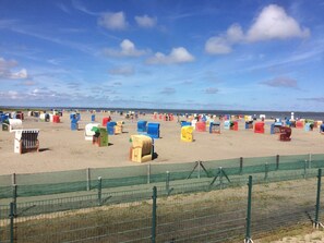 A beach with numerous colorful beach huts.