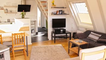 Fernseher, Kamin, DVD-Player, Bücher