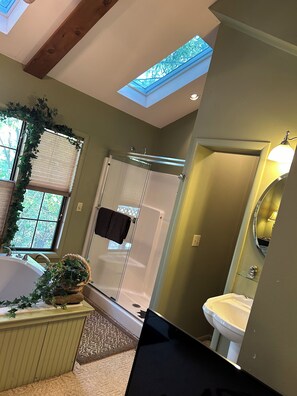 Shower, jetted tub, hair dryer, towels