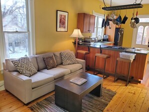 Smart TV, fireplace, books, stereo