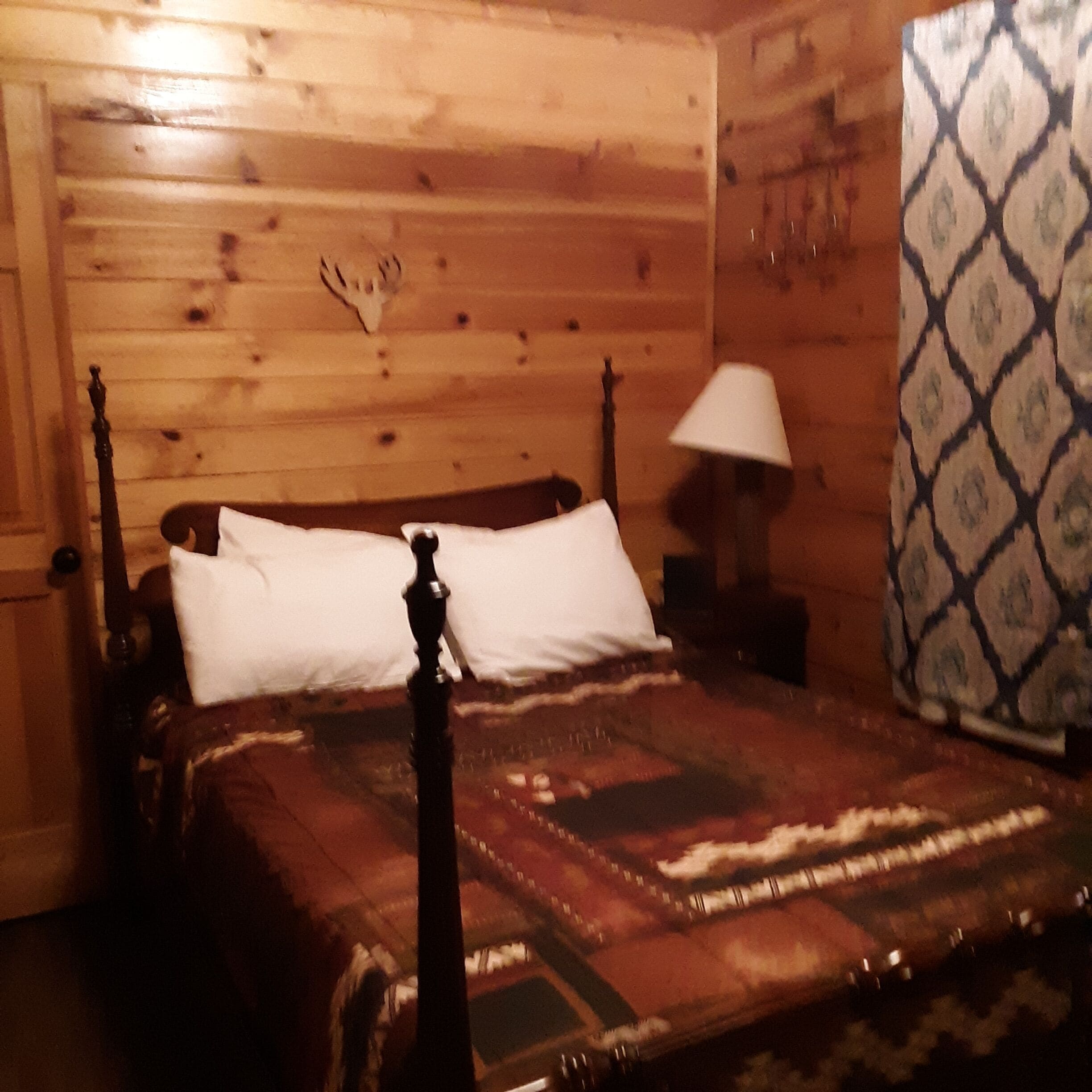 Ein hölzernes Himmelbett mit weißen Leinen, ein Nachttisch mit Lampe und ein gemustertes Vorhang.