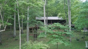 A cabin surrounded by dense forest, with a wooden deck and a covered porch. - Stay at Nina's Cabin in beautiful Blue Ridge, Ga "Gateway to the Smokeys" (Blue Ridge)