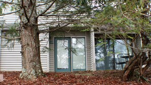 Une maison avec un grand arbre devant, une porte avec du verre dépoli et une chaise à l’extérieur.