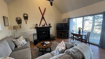 Smart TV, fireplace, video games, DVD player