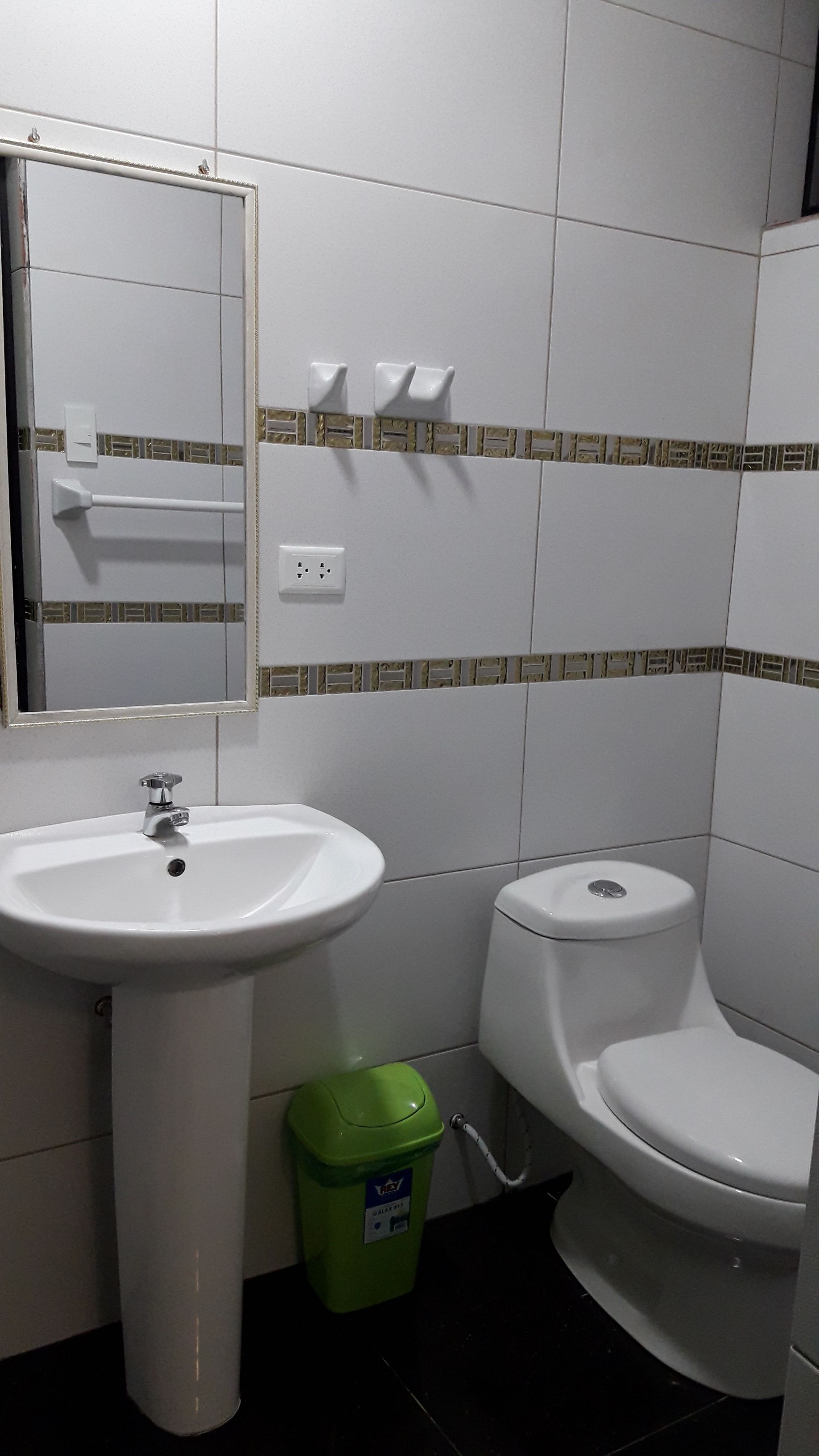 Une salle de bain avec un lavabo blanc, des toilettes et une poubelle verte.