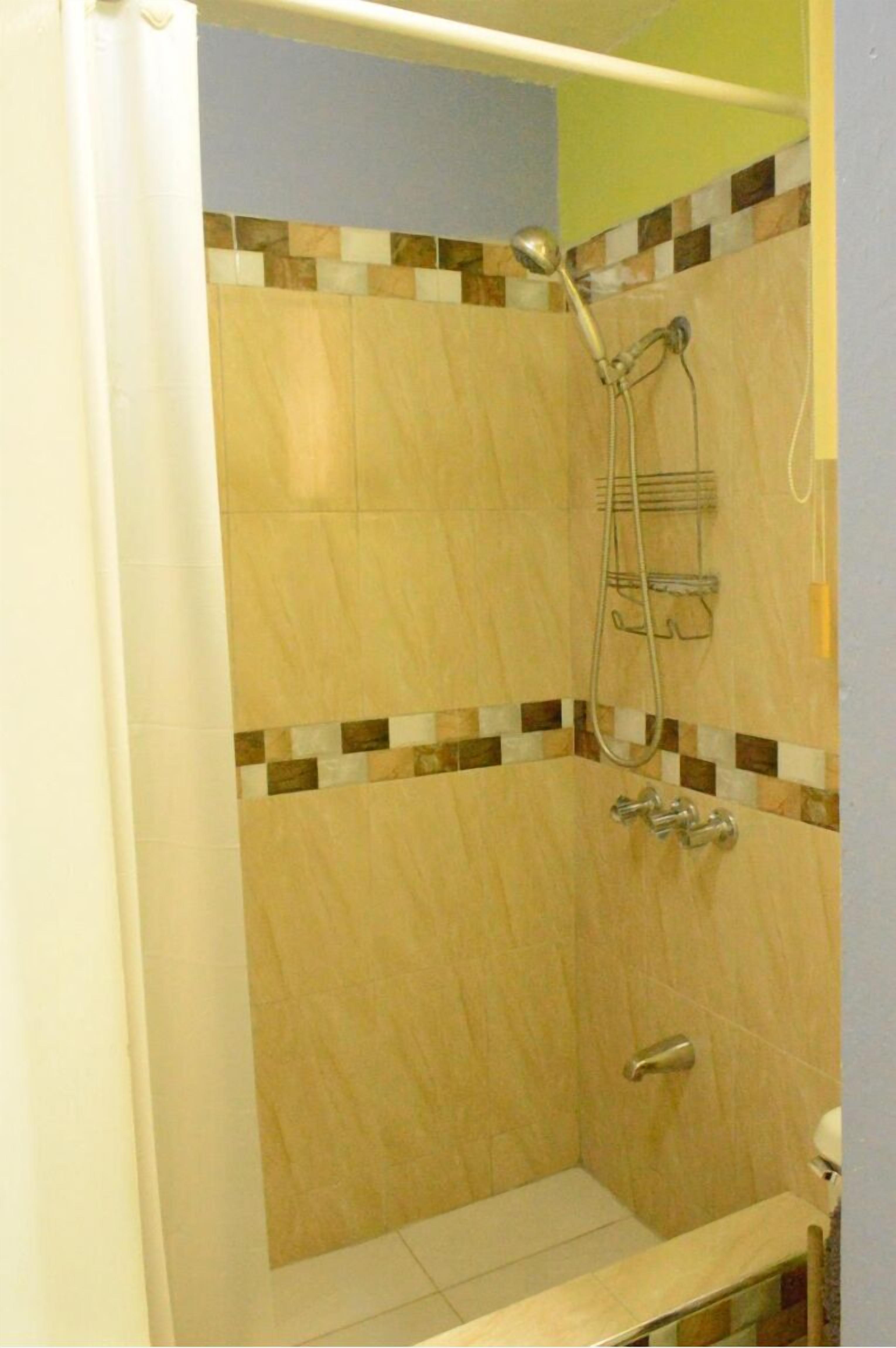 Une douche équipée d’un pommeau de douche à main et d’un porte-serviettes fixé au mur.