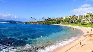 A beach with clear blue water, a sandy shore, and a row of buildings in the background. - Upgraded 1BD OceanFront Villa w AC Pool - Kapalua Bay Villa 23B1 (Lahaina)