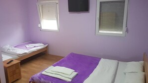 Un dormitorio con dos camas, un televisor y dos ventanas con persianas.