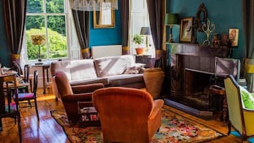 Télévision, cheminée, lecteur de DVD, livres