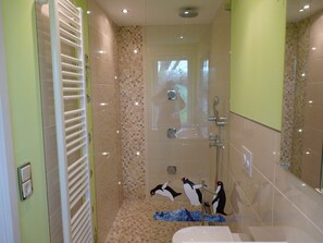 Dusche, Haartrockner, Handtücher, Toilettenpapier