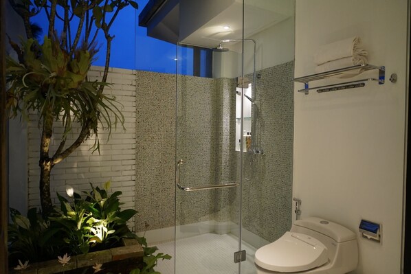 A modern bathroom with a glass-enclosed shower, a toilet, and a sink.