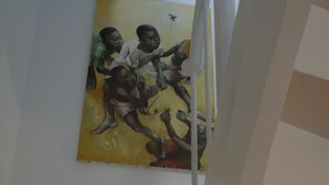 A painting of children on a wall in a room with a staircase. - Small house, completely reniewed, at the back of a silent yard, with trees. (Paris)