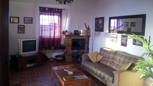 Un salon équipé d’un téléviseur, d’une cheminée, d’un canapé et d’une table basse.