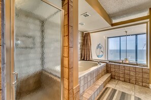 Combined shower/bathtub, hair dryer, towels, soap - Rare Two-Story Oceanfront Penthouse • 5 Balconies • Stunning Beach Views (Myrtle Beach)
