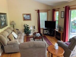 TV connectée, cheminée, lecteur de DVD, livres