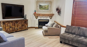 Smart TV, fireplace, DVD player
