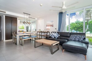 Smart TV, DVD player, books, video library