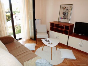 TV a schermo piatto, caminetto, libri