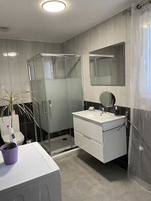 Shower, hair dryer, soap, shampoo