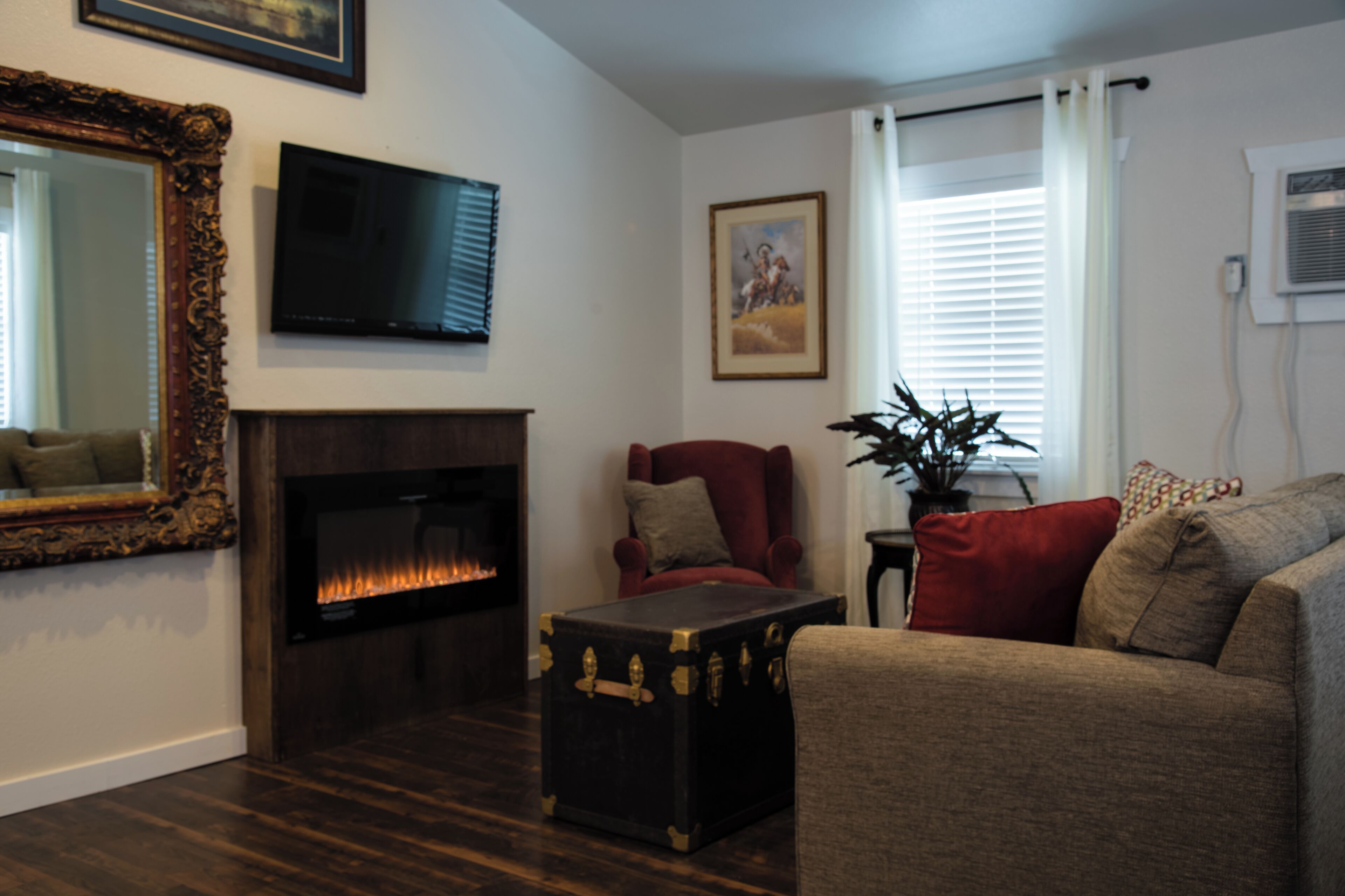 Smart TV, fireplace, DVD player, books