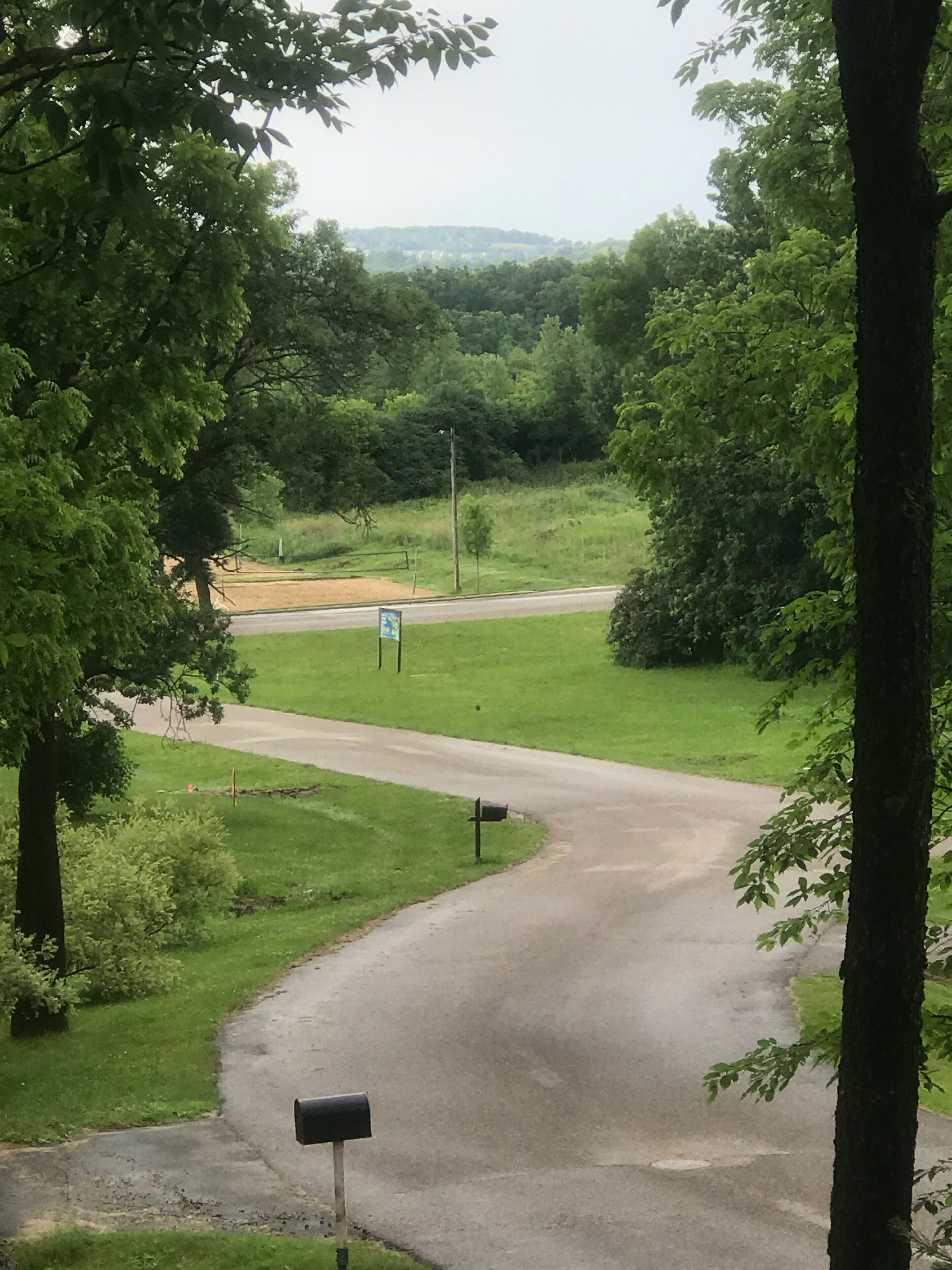 A rural road curving through a green landscape with a mailbox and a signpost.