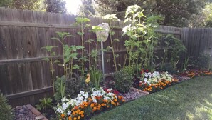 A garden with a wooden fence, various plants, and a flower bed with white, orange, and red flowers. - Peak View Retreat, 3 Bedroom Sleeps 6 (Flagstaff)