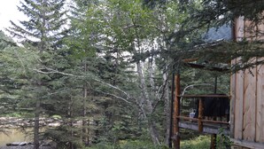 A wooden cabin with a deck overlooking a forested area. - A remote cabin surrounded by Pine, Birch and Aspen trees, five miles to Deadwood (Deadwood)