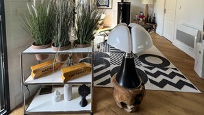 Ein modernes Wohnzimmer mit Holzboden, einem weißen Sofa, einer schwarzen Lampe und einem Couchtisch. Es gibt Blumentöpfe und ein gerahmtes Bild an der Wand.