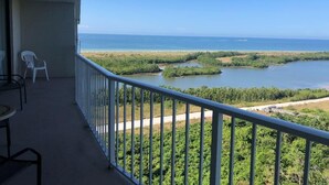 A balcony with a view of a coastal landscape, including a beach and a body of water surrounded by greenery. - Marco Island Remodeled Condo, SSNW, T4, 1408 2 Bd, 2 Ba, SPECTACULAR Sunsets 365 (Marco Island)