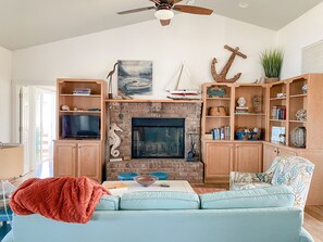 Smart TV, chimenea, reproductor de DVD, libros