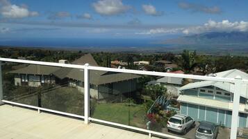 A residential area with houses, a clear sky, and a view of the ocean.