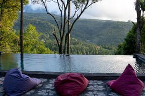 An infinity pool with a view of a forested mountain range. - Puri Sunny Guesthouse (Munduk)