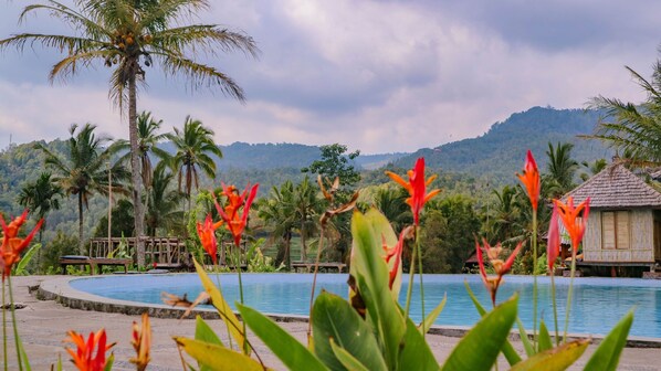 A pool surrounded by tropical vegetation and a mountain backdrop. - Puri Sunny Camping (Munduk)