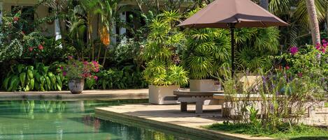 Piscine extérieure, chaises longues