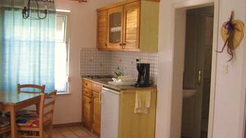 Fridge, microwave, stovetop, cookware/dishes/utensils