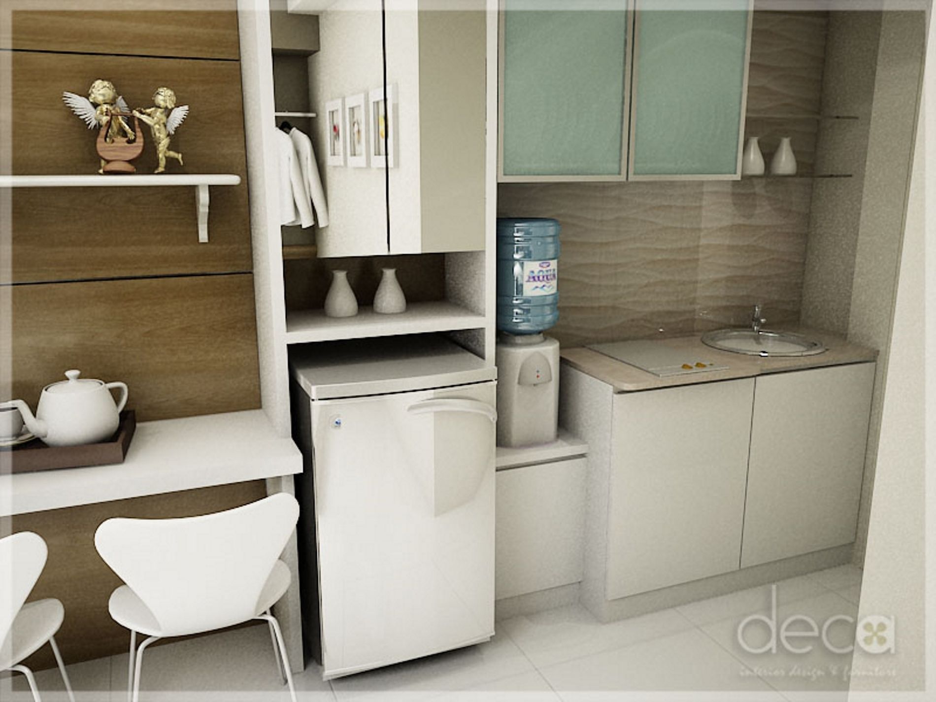 A compact kitchen with a refrigerator, a water dispenser, a sink, and a small dining area with chairs.