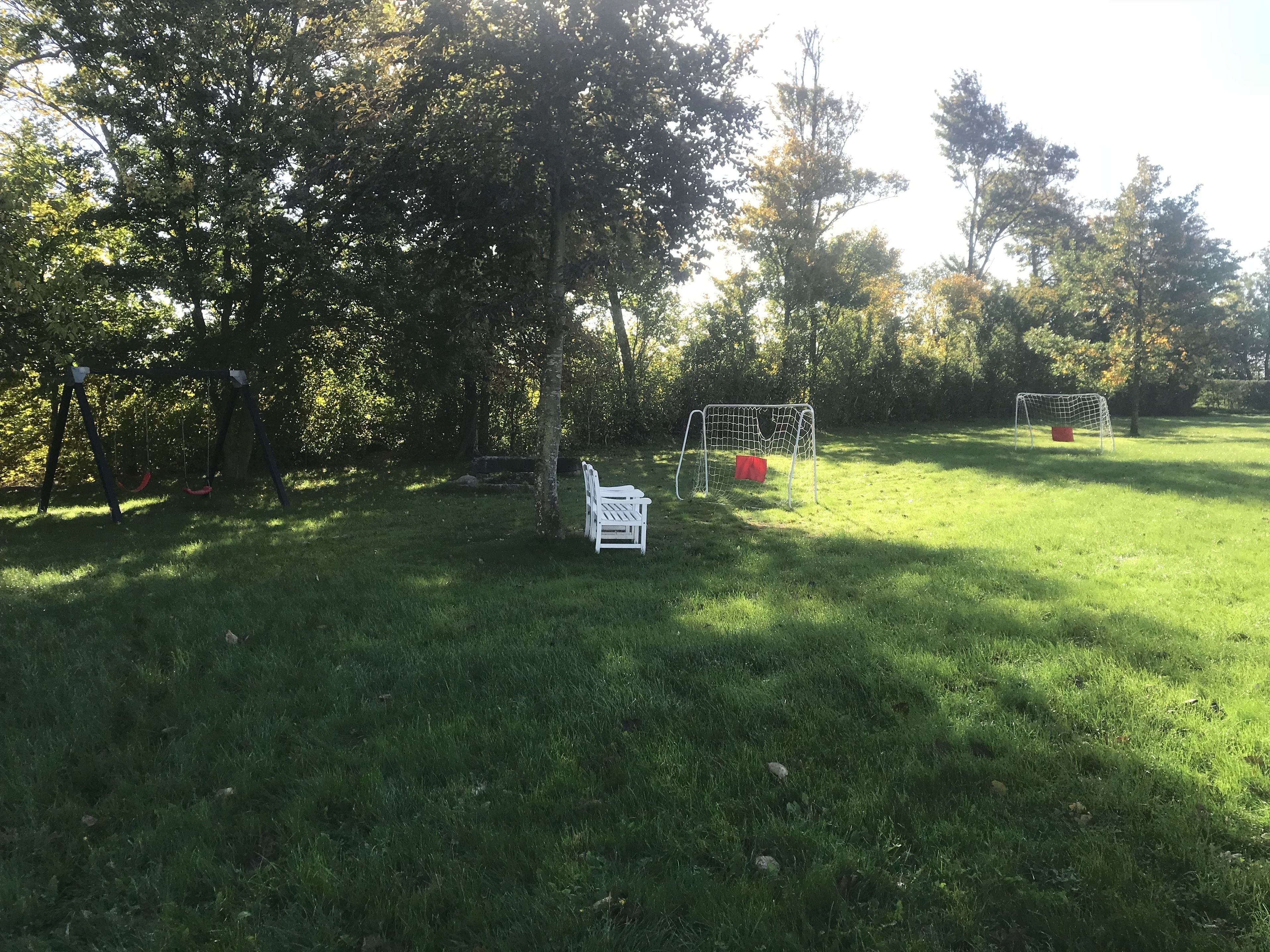 A grassy outdoor area with swings and a soccer goal.
