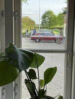 Une vue à travers une fenêtre : on aperçoit une voiture rouge garée à l’extérieur, une grande plante verte au premier plan et un ciel dégagé.