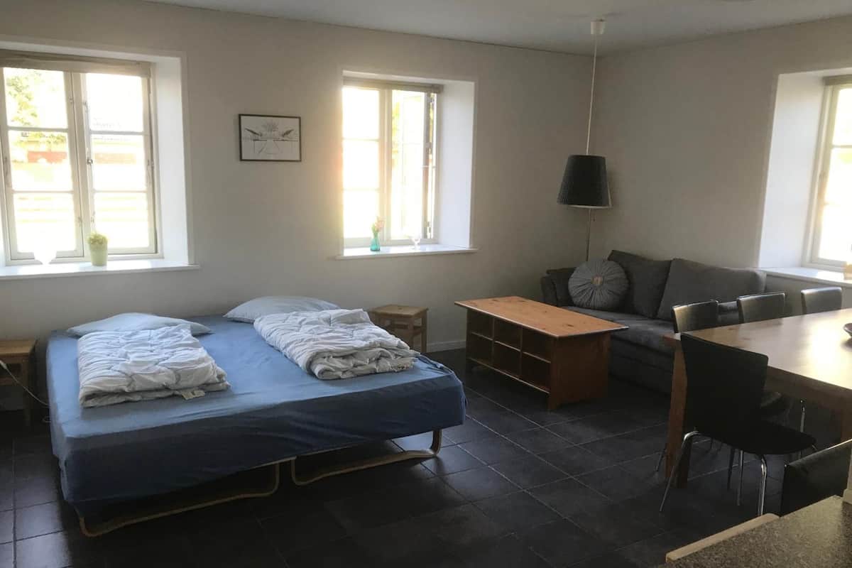 A modern, well-lit room with a bed, a sofa, a dining table, and a lamp.