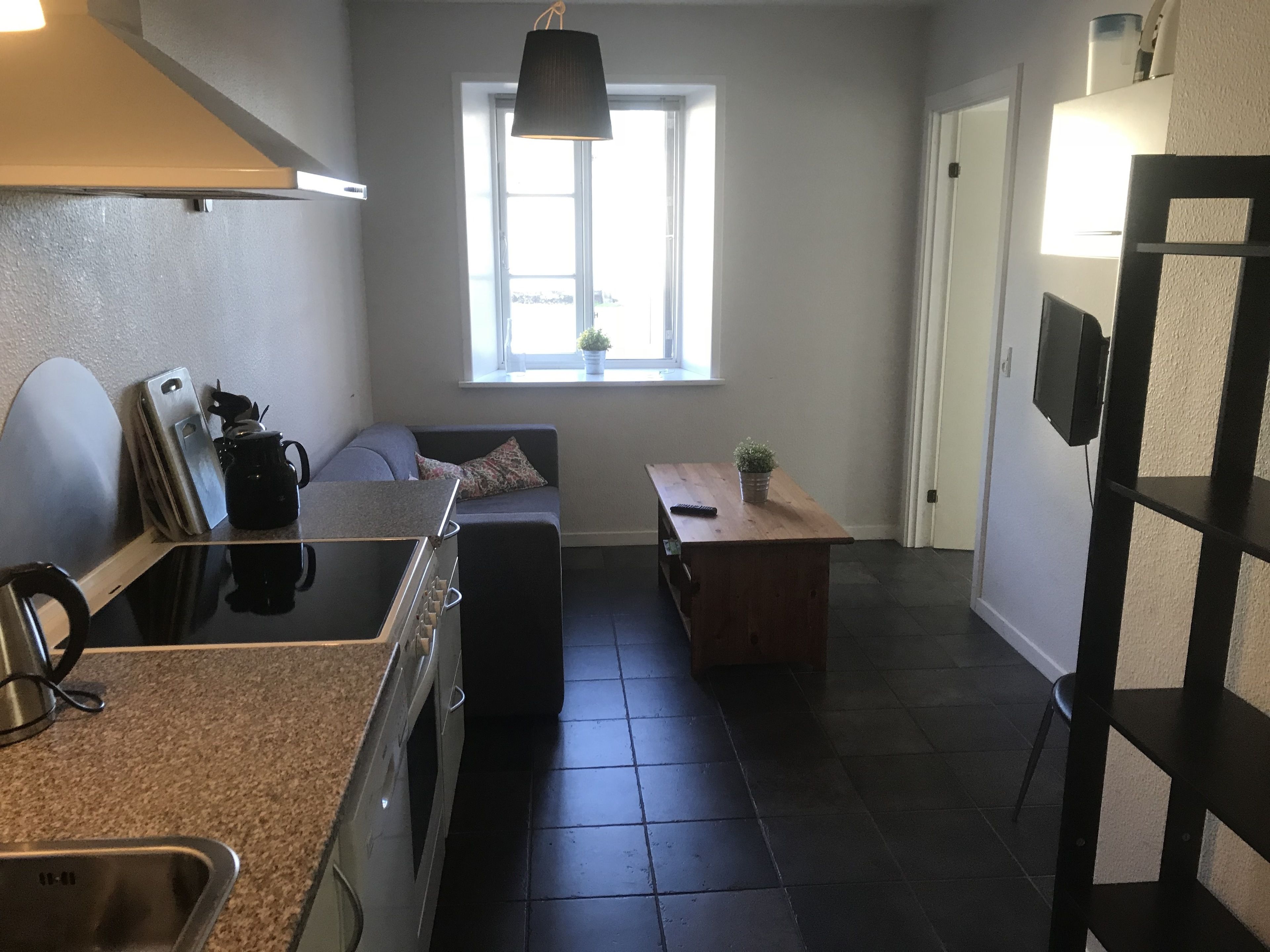 A compact kitchen with a sink, stove, and countertop. There's a window with a view, a small table with a plant, and a dark floor.