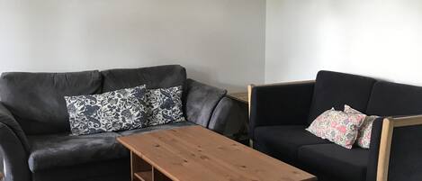 Una sala de estar moderna con un sofá de cuero negro, una mesa de centro de madera y una lámpara colgante negra.