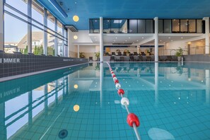 Indoor pool, open 8:00 AM to 9:00 PM, pool umbrellas, sun loungers