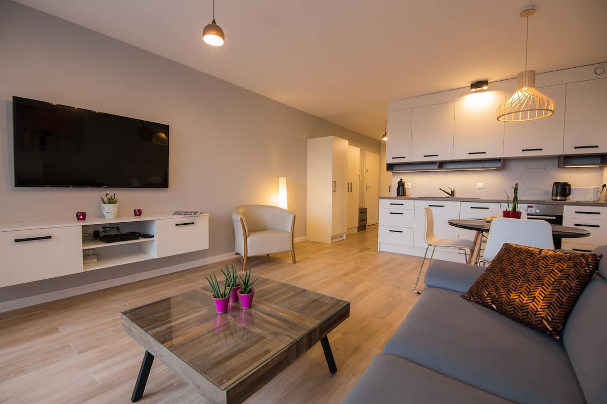 A modern apartment with a living room, kitchen, and dining area.