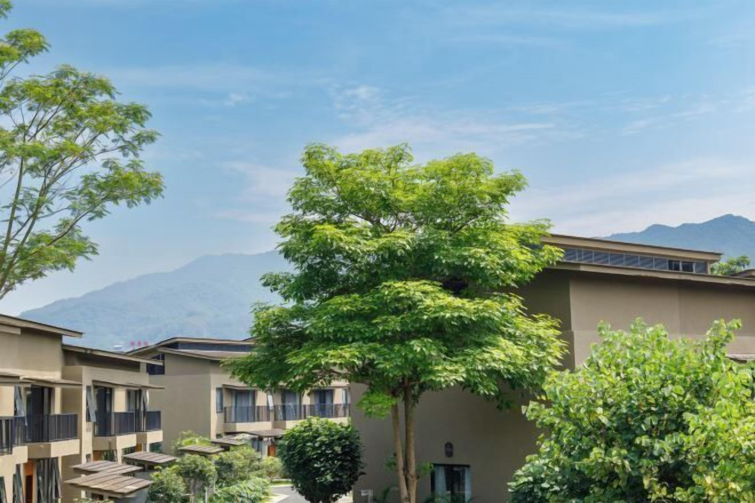 A row of modern buildings with balconies, surrounded by lush greenery and a mountain in the background.