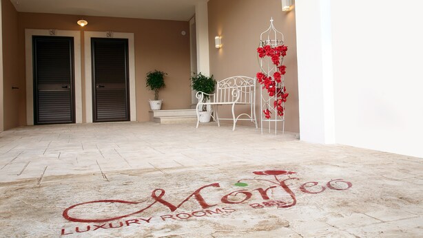 A hotel entrance with two closed doors, a potted plant, a white metal chair, and a decorative metal structure with red flowers. - Morfeo Luxury Rooms (Pozzallo)